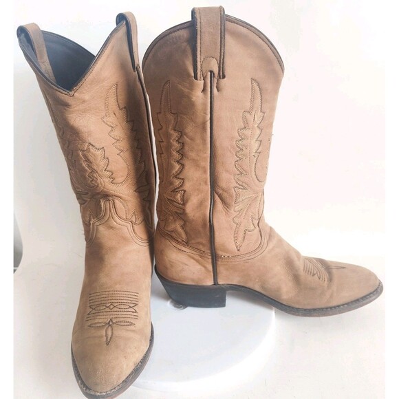 Vintage Abilene Western Cowboy Cowgirl Boots Nubuck Block Heel 8 Camel T… - Picture 7 of 13